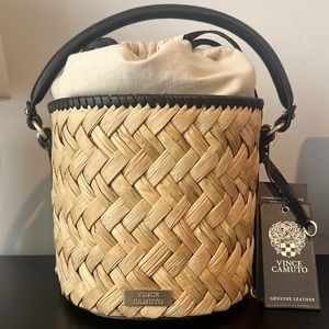 Vince Camuto Genuine Leather 2-in-1 Bag Black Natural Woven New with Tags